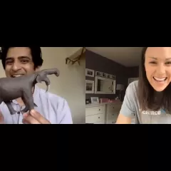 Paleontologist Advait Jukar and host Maggy Benson talk during a Zoom video webinar