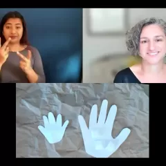 Three rectangular windows showing Briana Pobiner, a woman doing sign language, and a pair of paper cutout hands.