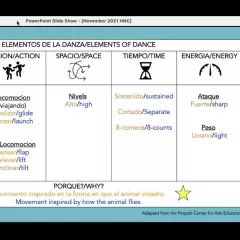 Screenshot of presentation slide showing the different elements of dance plus video of four presenters videos to the right of the slide