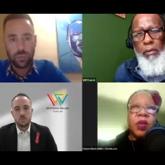 Screenshot of webinar recording showing speakers Julio Capó, Kellan Baker, Dázon Dizon Diallo, and Pastor William Francis