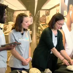 Emmanuel Kyei-Baffour, Maggy Benson and Dr. Lucy Chang in Q?rius standing behind a table with a number of specimens.