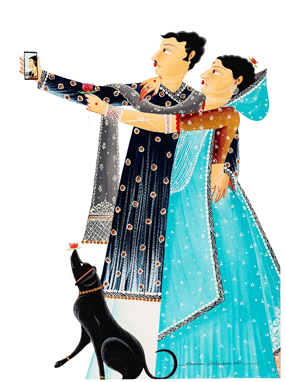 painted image of two people holding a phone taking a selfie in colorful garments with dog at bottom