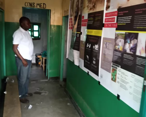 posters taped to a green wall with a person looking at them in back 