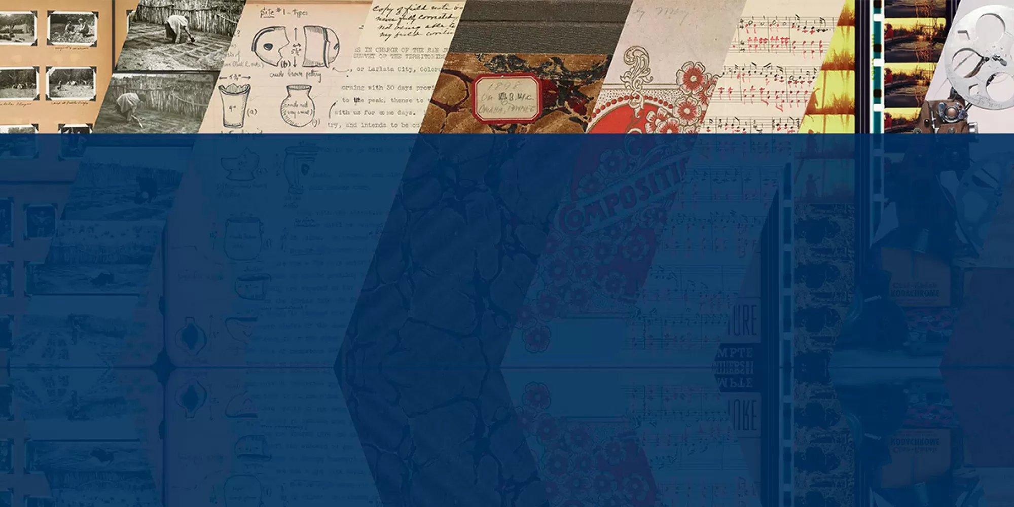 an array of archival materials in an arrow pattern with a blue strip at bottom