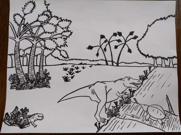 Black and white sketch of a landscape in rough shapes, with palm trees, ferns, a turtle, T rex, and salamander draw in more detail.