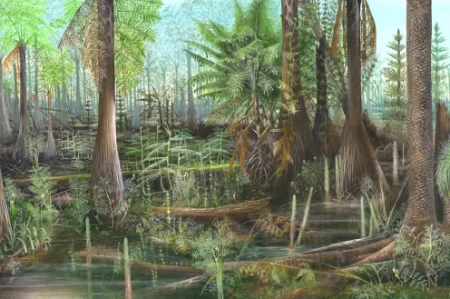 Painting of a swamp that has green colored ferns and plants. Foreground tree barks are brown, those in the distance are bare.