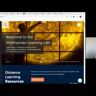 Screenshot of a web page next to a small video image of educator Ashley Naranjo