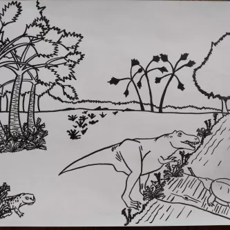 Black and white sketch of a landscape in rough shapes, with palm trees, ferns, a turtle, T rex, and salamander draw in more detail.