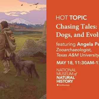 Hot Topic, Chasing Tales: Humans, Dogs, and Evolution, featuring Angela Perri, zooarchaeologist, Texas A&M University, May 18. Next to the text is an illustration of a person carrying a spear and a dog right behind them.