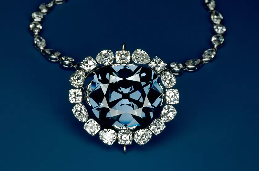 The Hope Diamond necklace, a large blue diamond encircled by smaller white diamonds.