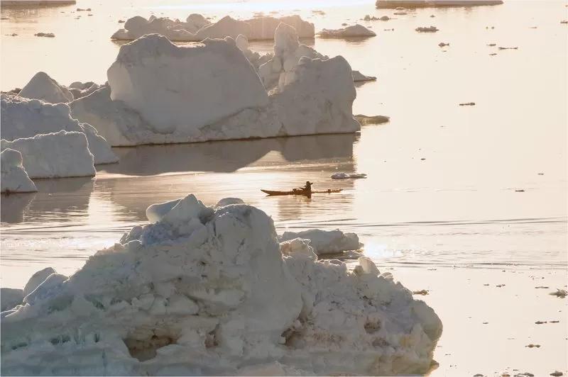 kayaker paddling between ice floes