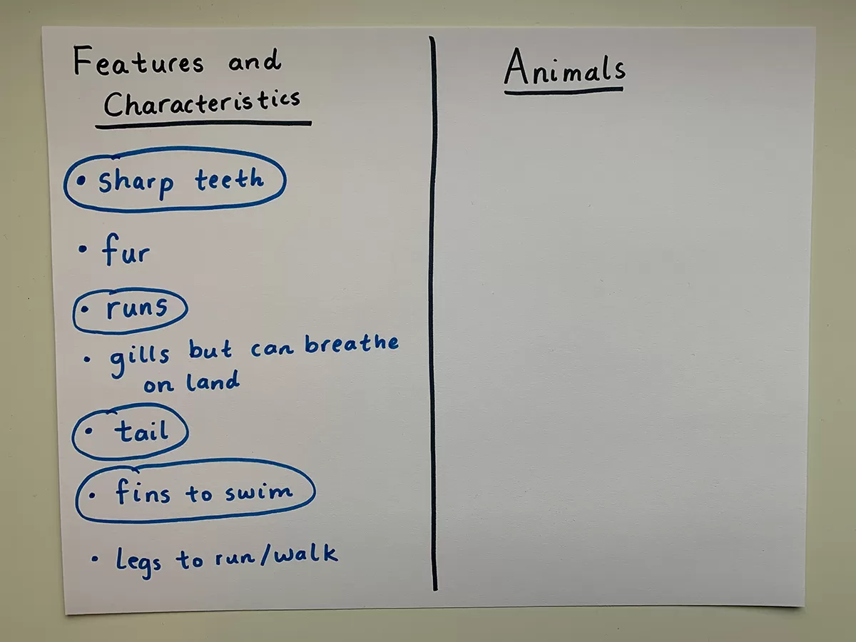 Piece of paper with two handwritten columns: Features and characteristics, and Animals