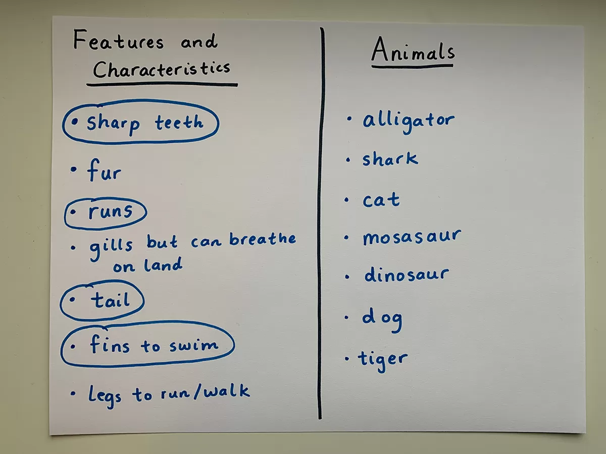 Piece of paper with two handwritten columns: Features and characteristics (such as sharp teeth, tail, fins to swim) and Animals (such as alligator, cat, shark). 