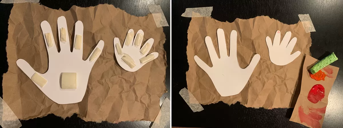 Two paper cutouts of human hand shapes with tape on one side, next to a photo of the two hands taped to brown paper.